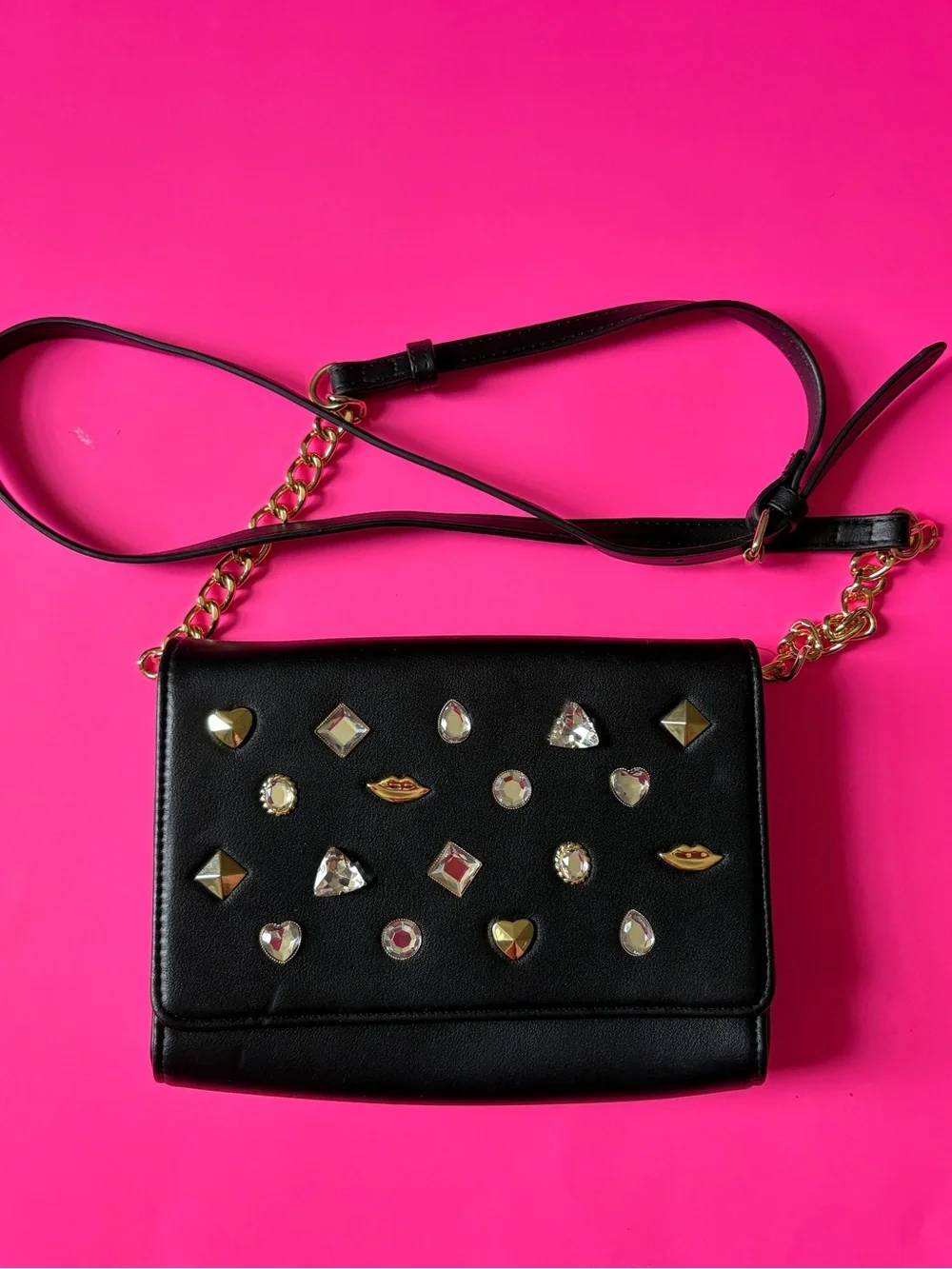 Betsey Johnson Black Embellished Crossbody Bag with Gold Chain Strap